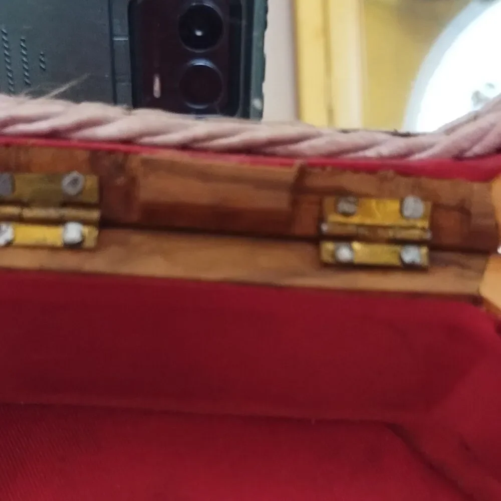 Wooden Octagonal Jerusalem Box with Camel Scene, Red Lined Interior, Mirror